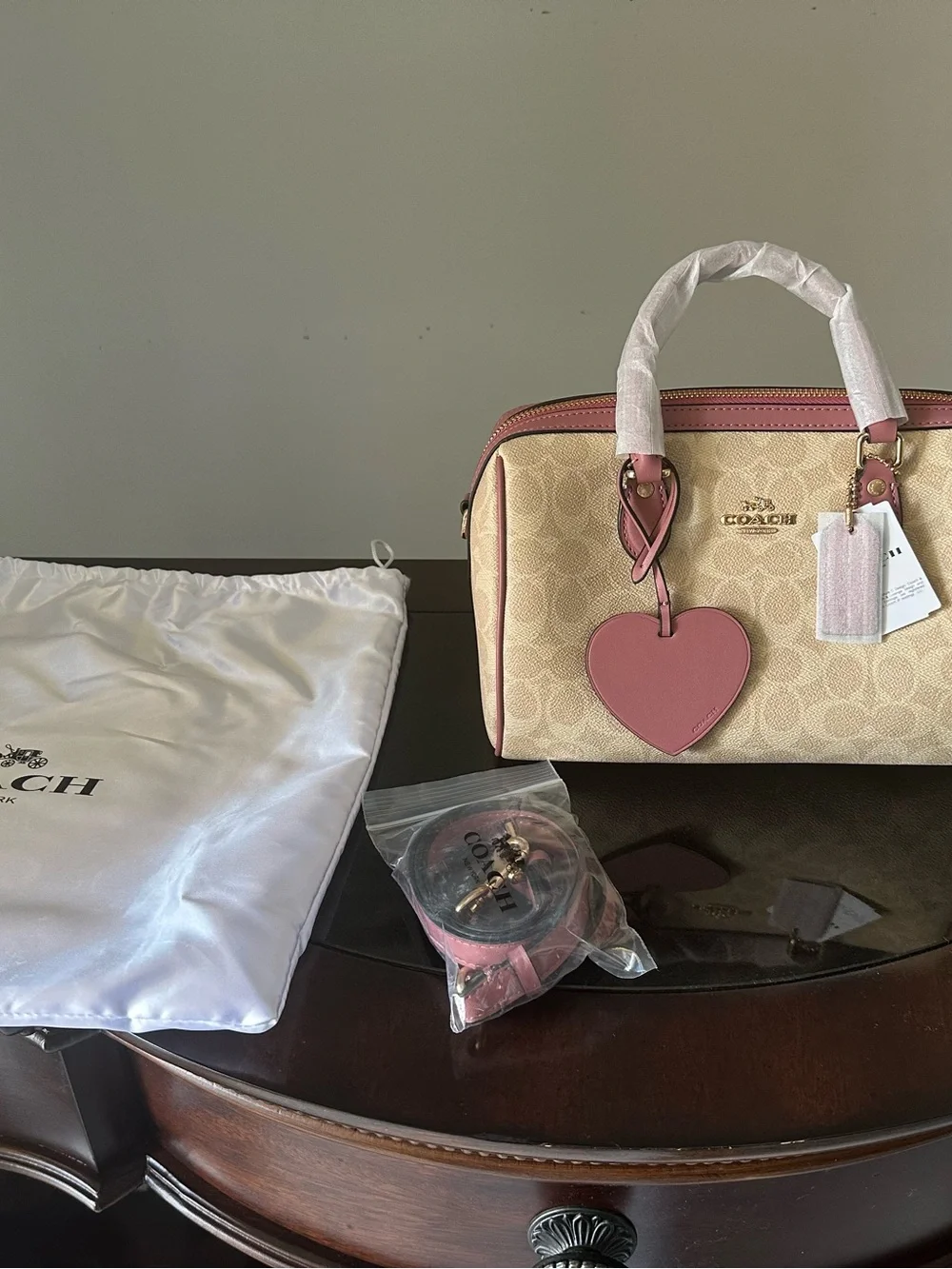 Coach Beige Canvas Satchel with Pink Trim and Heart Charm